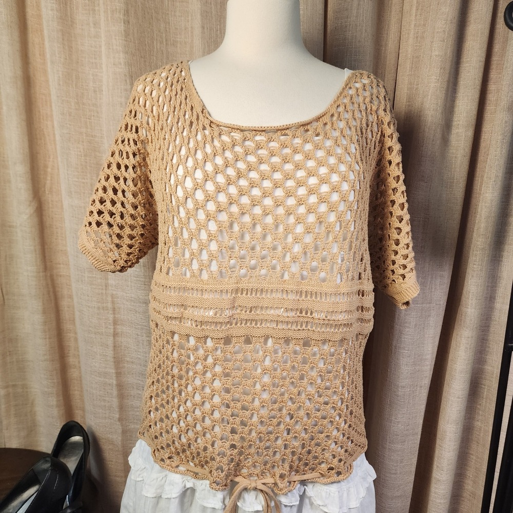 Venus Crochet Mesh Tunic Top M Tan Off Shoulder Drawstring Boho Beach
